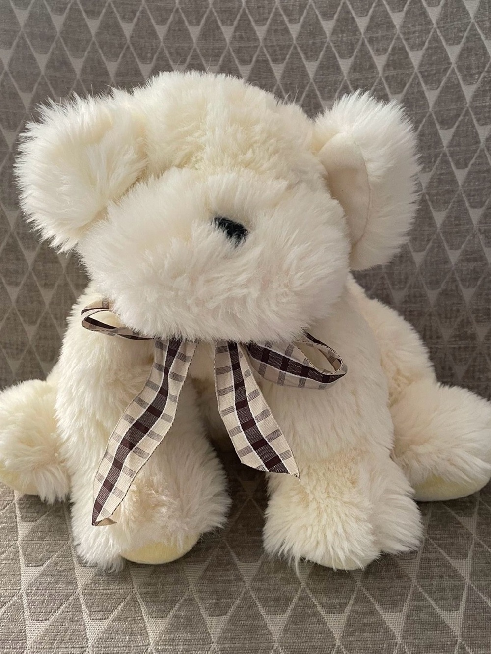 NEW FAO Schwarz 12” Cream Plush Teddy with Brown Check Ribbon
